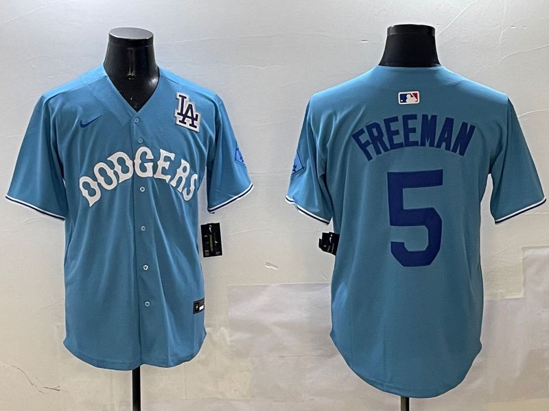 Men Los Angeles Dodgers #5 Freeman Light Blue Throwback Game 2025 Nike MLB Jersey style 6